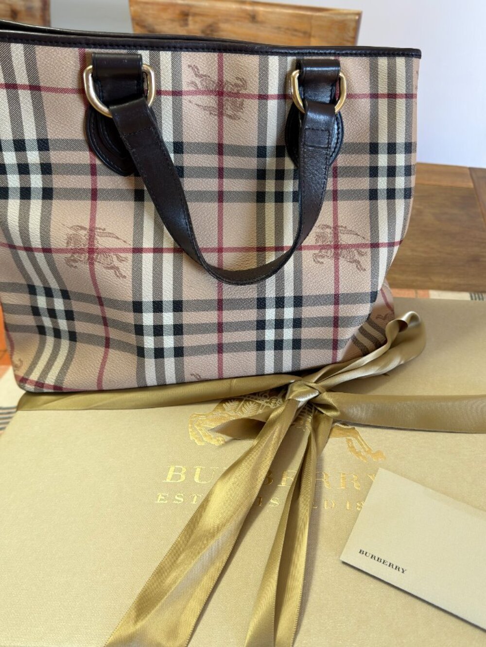 Burberry Haymarket Check Tote Bag – Navy Leather Trim- Authentic